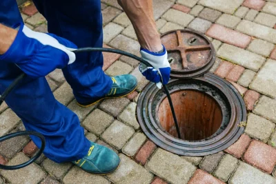 Plumber cleaning an outdoor sewer drain in Immokalee