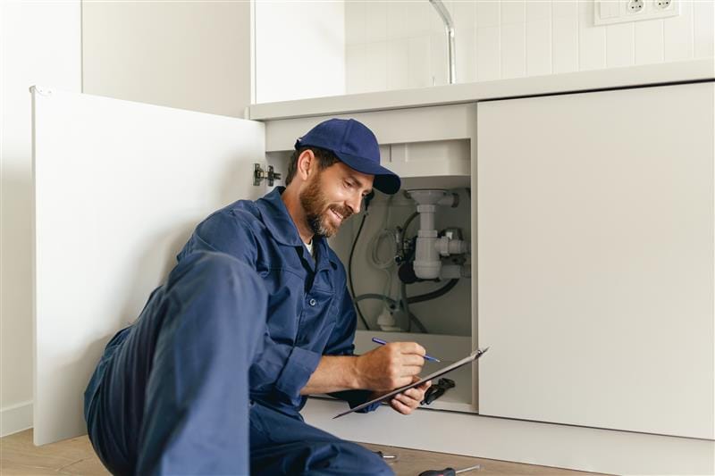 Residential plumber reviewing plumbing repairs in a Immokalee kitchen