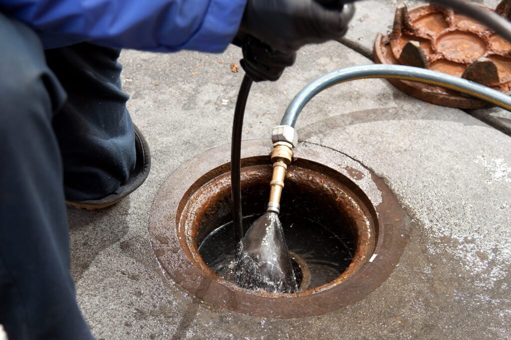 Plumber hydro jetting a sewer line through a manhole in Immokalee