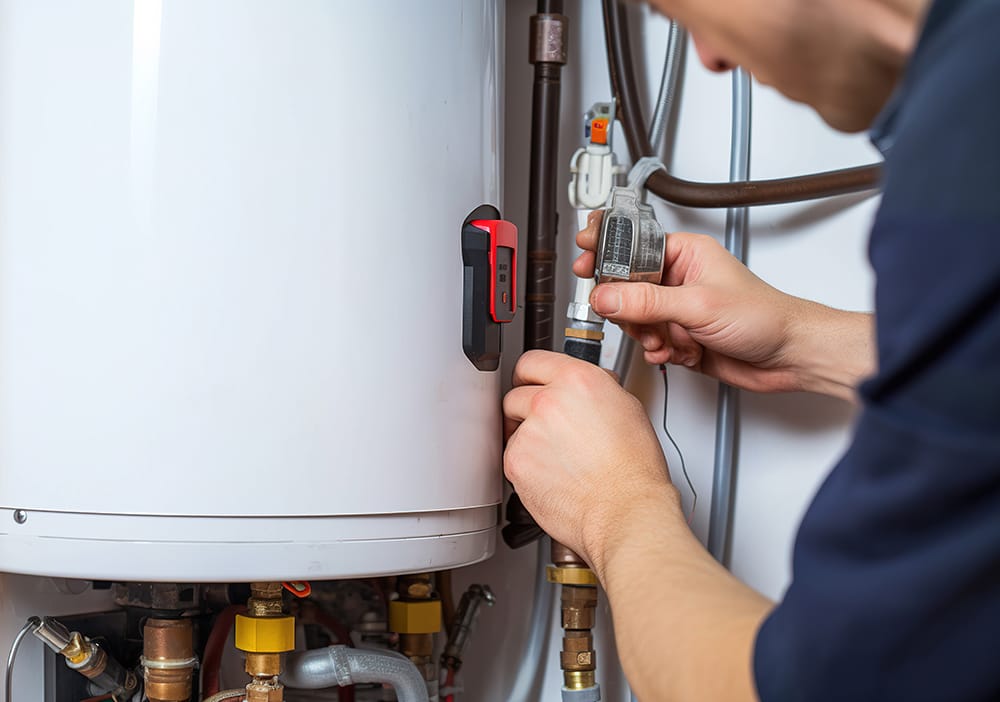 Technician repairing pipes connected to a water heater in Immokalee